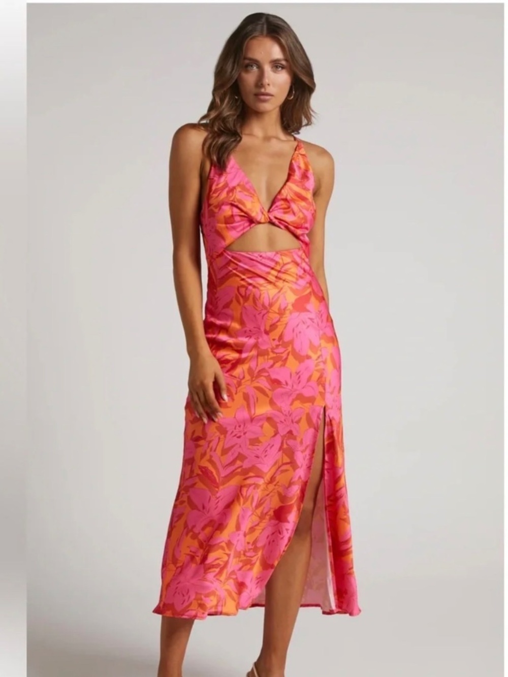Showpo Pink & Orange Floral Cutout Midi Dress